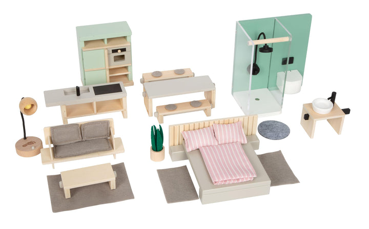 small Foot Puppenhausmöbel Set, detailreiches Möbelset mit hohem sichtbaren Holzanteil, Ausstattung