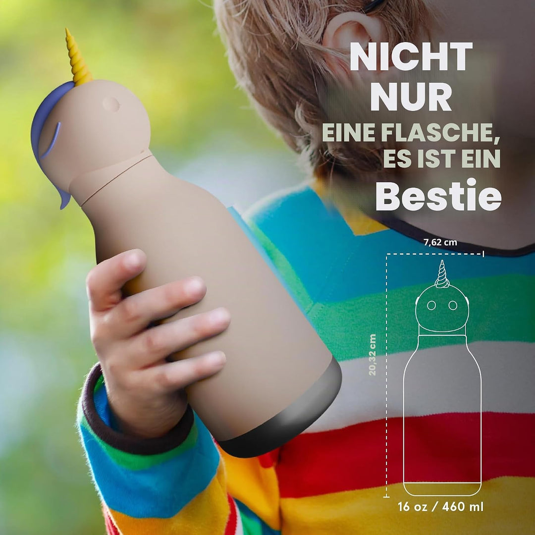 ASOBU Bestie Kindertrinkflasche mit Strohhalm – Isolierte Edelstahlflasche 420ml mit Einhornkopf – A