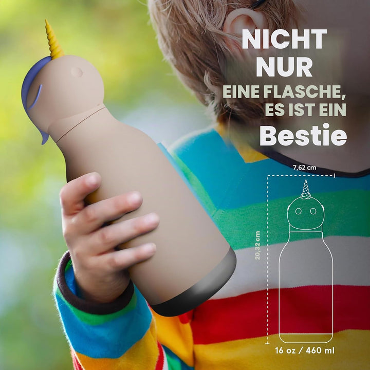 ASOBU Bestie Kindertrinkflasche mit Strohhalm – Isolierte Edelstahlflasche 420ml mit Einhornkopf – A