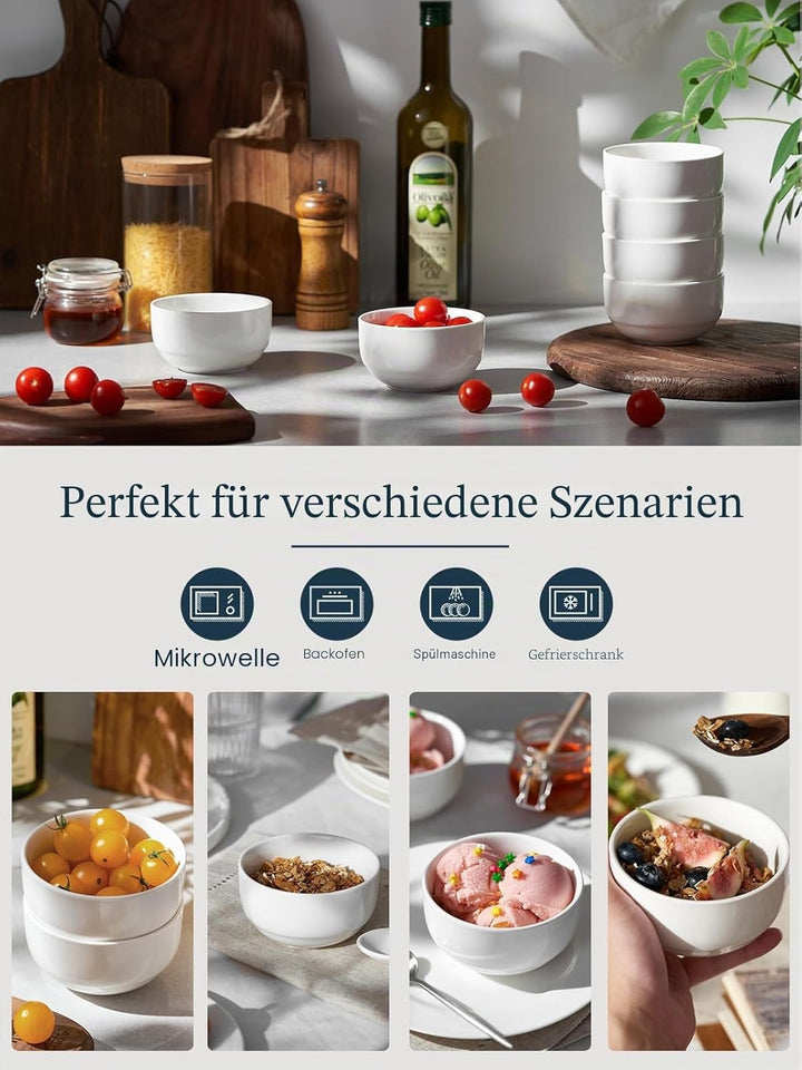 DOWAN Dessertschalen 6er Set, 300ml Weiss Müslischalen Keramik, Φ10.5cm Kleine Eisschale, Suppenscha