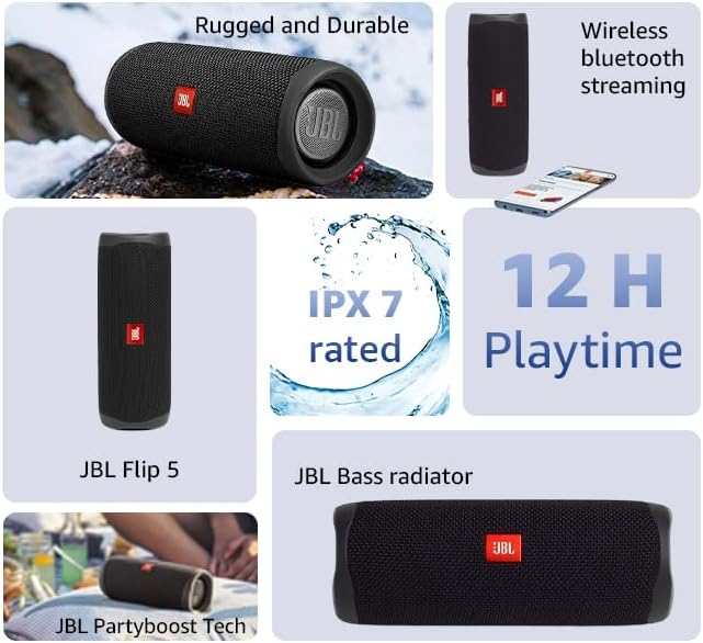 JBL Flip 5 Bluetooth Box (Wasserdichter, portabler Lautsprecher mit umwerfendem Sound, bis zu 12 Stu