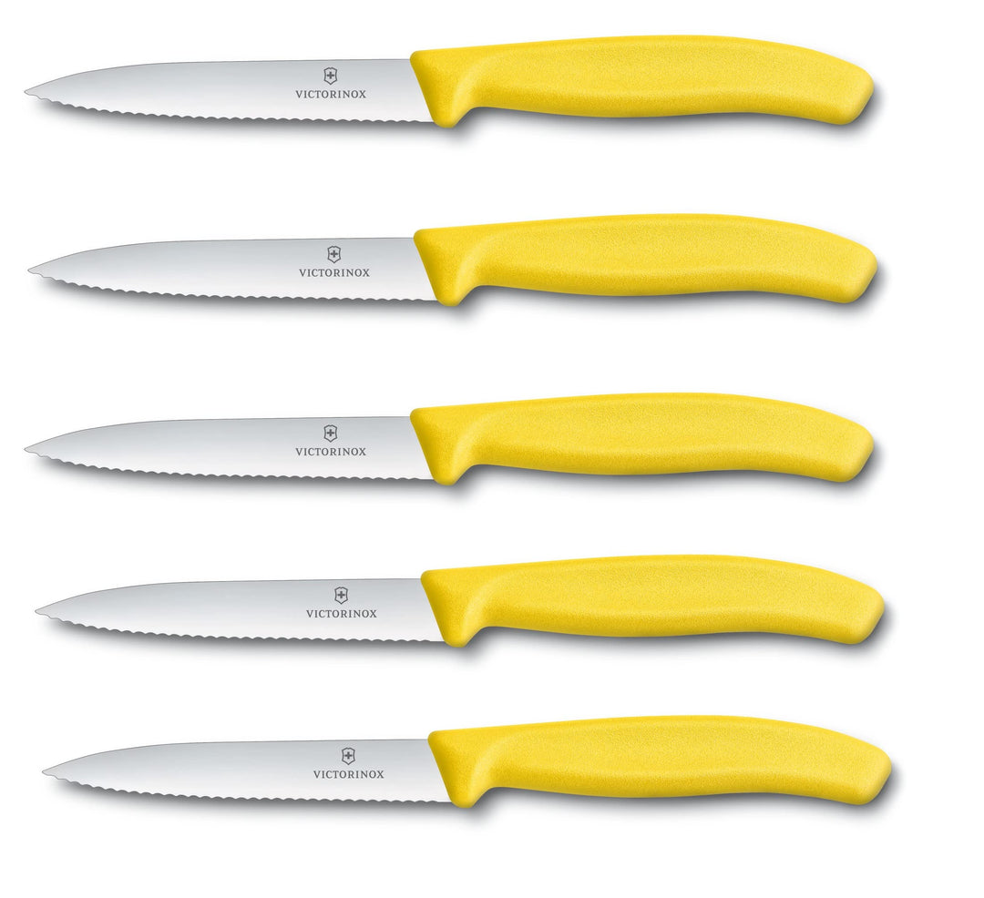 Victorinox 5-tlg Gemüsemesser Set Swiss Classic Gelb – 10 cm mit Wellenschliff – Tomatenmesser 5er S