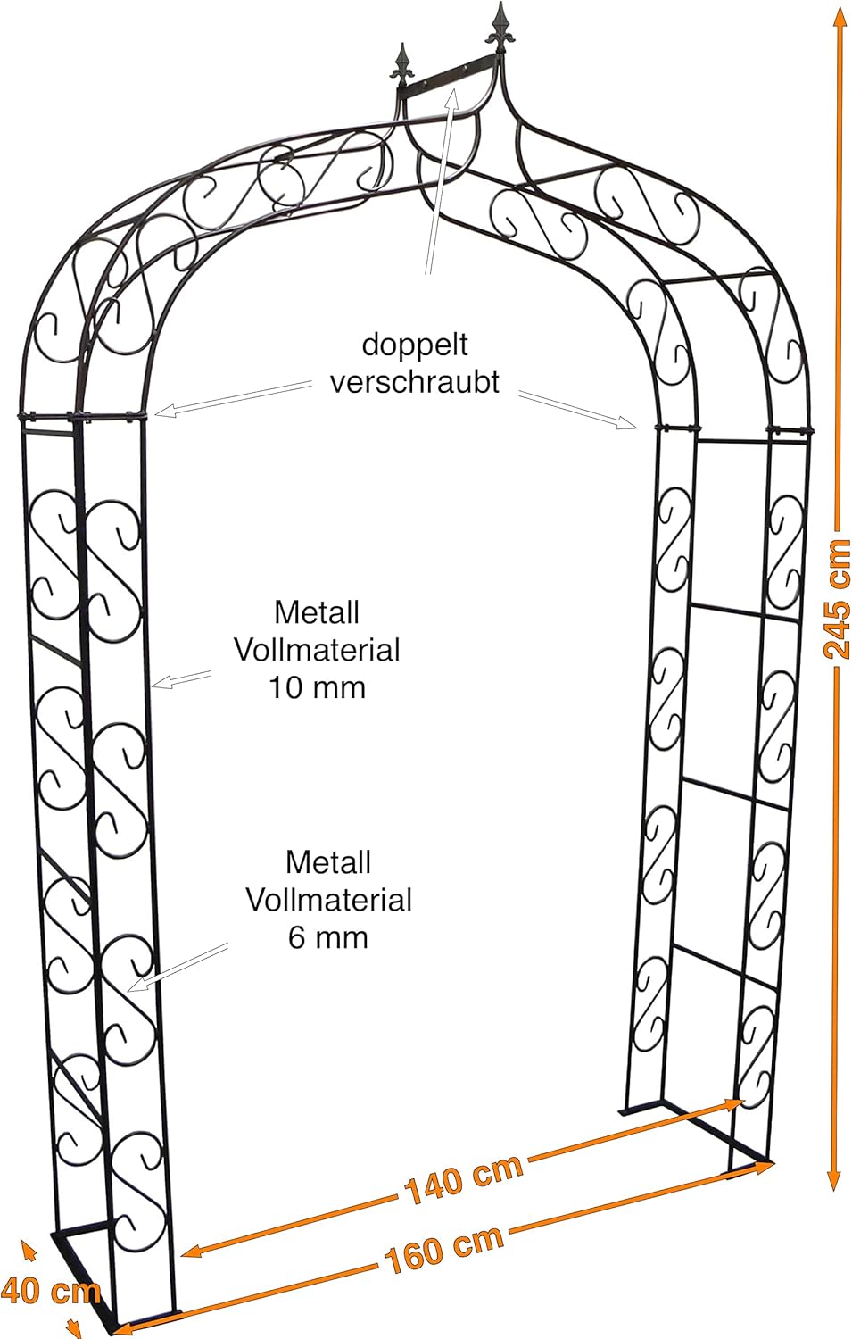 Hirsch Terracotta Rosenbogen SPITZ Vollmetall stabil, feuerverzinkt 12 mm Vollmaterial Breite 165cm