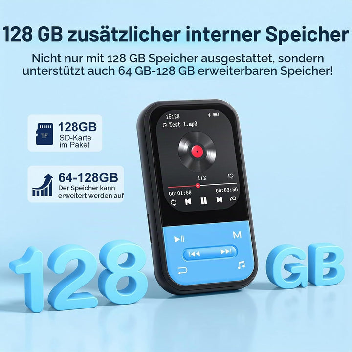 128GB MP3 Player - Clip MP3 Player mit Bluetooth 5.3, tragbarer Musikplayer mit FM-Radio, Sprachaufn