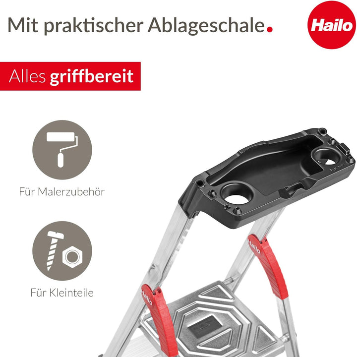 Hailo L60 StandardLine Alu Sicherheits-Stehleiter - klappbare Leiter mit 3 Stufen und Ablageschale -