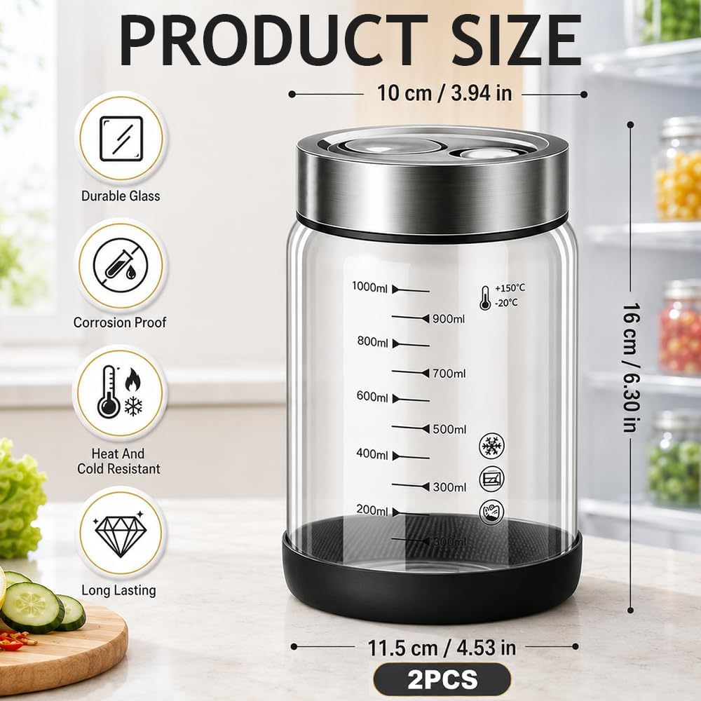 Fermentierglas 1L, 2 Stück Fermentiergläser mit Ventil, Kimchi Behälter mit Deckel, Fermentationsgla