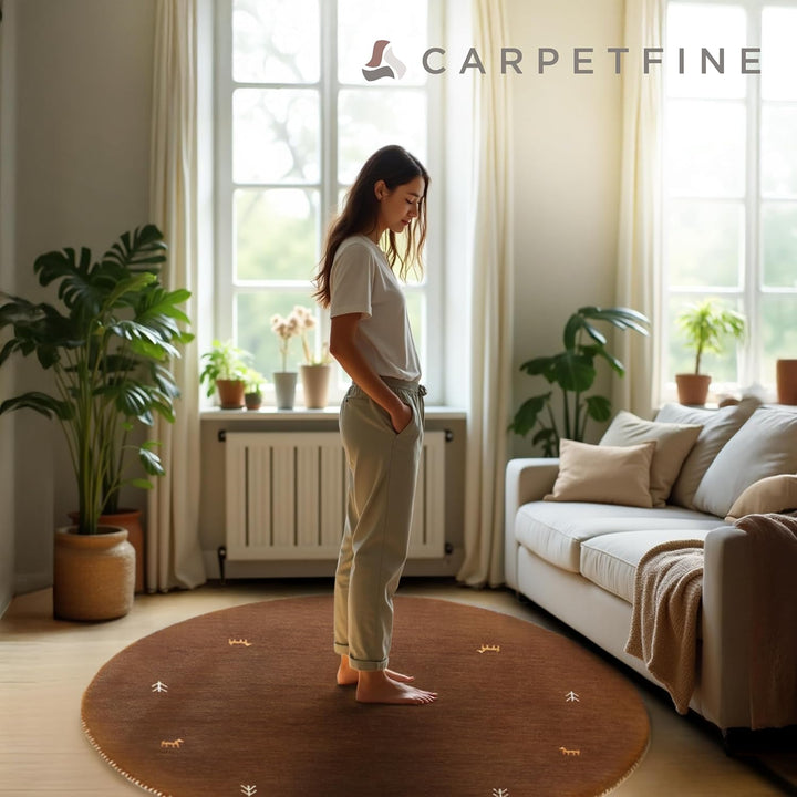 carpetfine Wollteppich Gabbeh Uni Rund Braun Ø 80 | Moderner Teppich für Wohn- und Schlafzimmer Ø 80