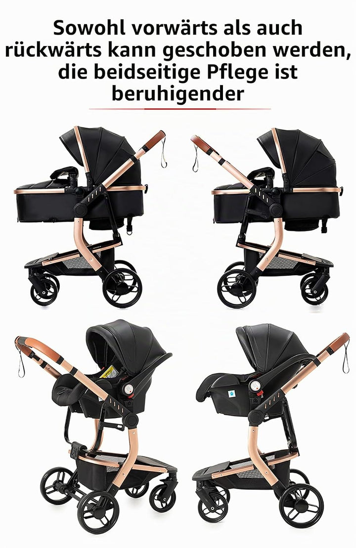 Reenborn PU-Leder Kinderwagen 3 in 1, Buggy mit Ein-Klick-Faltdesign Hohe Landschaft, Kinderwagen mi