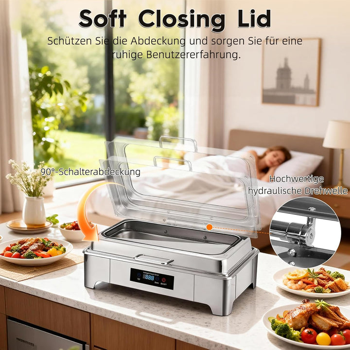 Elektrischer Chafing Dish, 9L Edelstahl Speisewärmer, Buffetwärmer Einstellbare Temperatur, Warmhalt