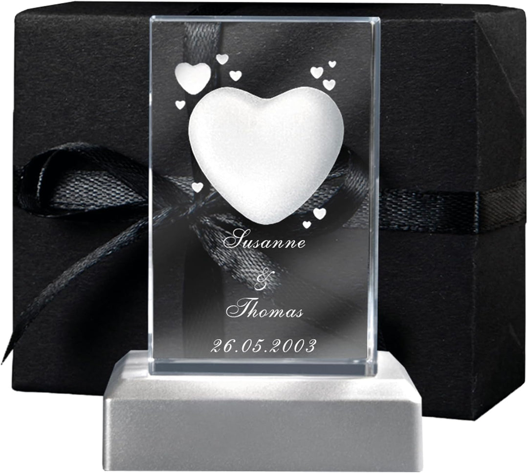 LOOXIS Personalisierte 3D Herz-Gravur im Glas – versch. Motive, Namen, Wunsch-Text – Geschenk-Idee z