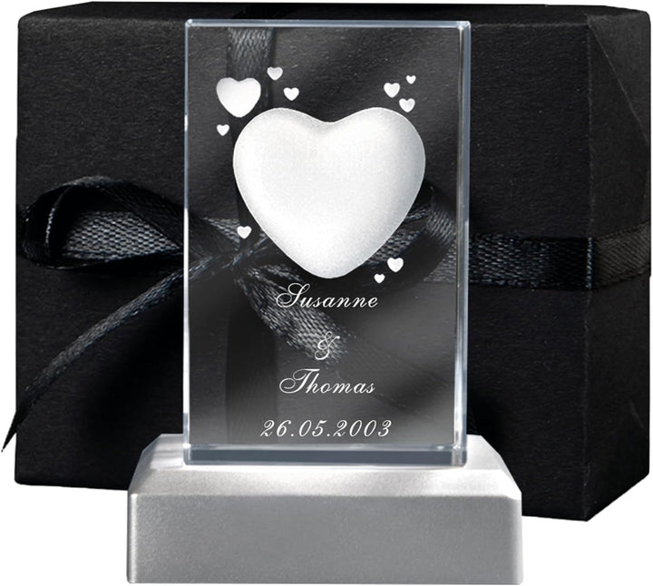 LOOXIS Personalisierte 3D Herz-Gravur im Glas – versch. Motive, Namen, Wunsch-Text – Geschenk-Idee z