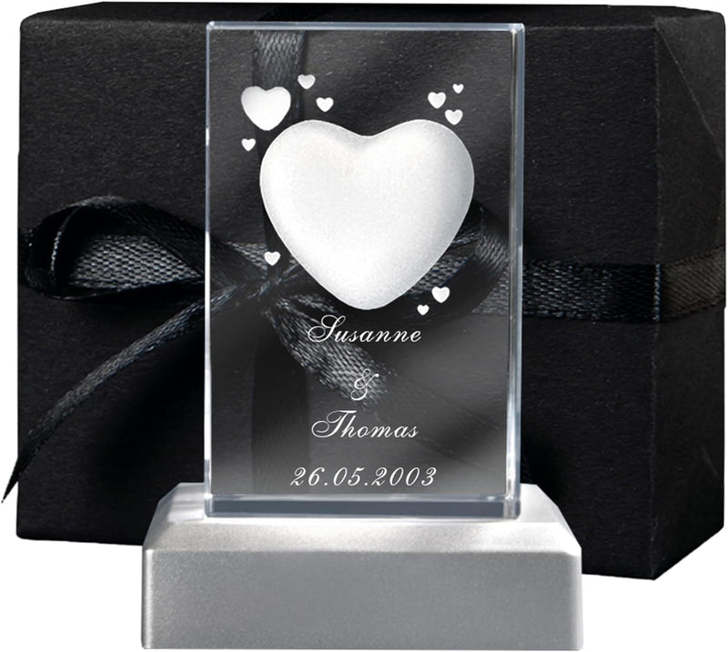 LOOXIS Personalisierte 3D Herz-Gravur im Glas – versch. Motive, Namen, Wunsch-Text – Geschenk-Idee z