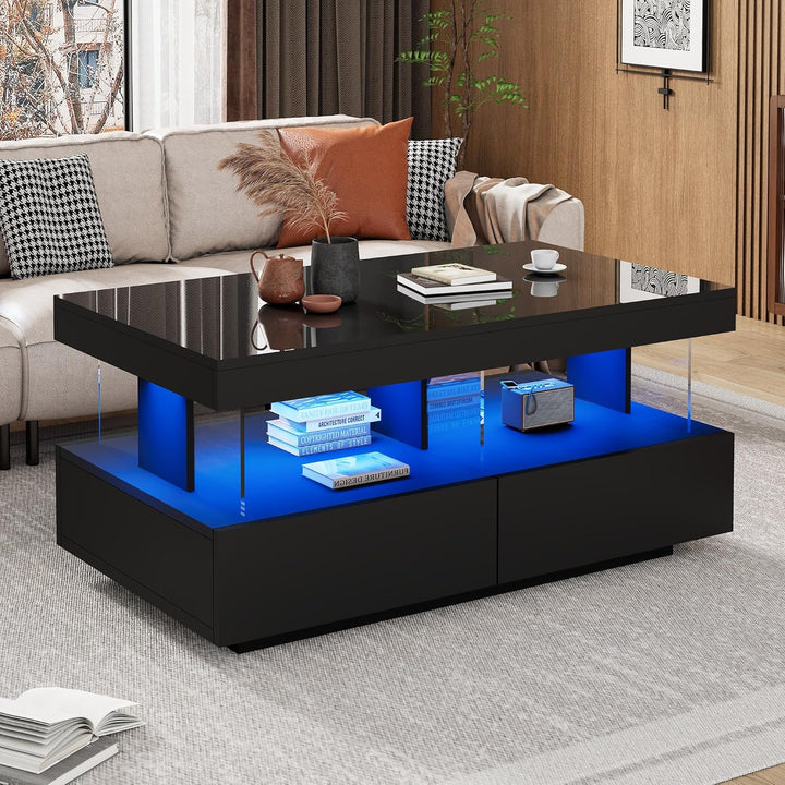 Merax Couchtisch Hochglanz mit LED, Moderner Wohnzimmertisch mit Stauraum Schubladen, Multifunktiona