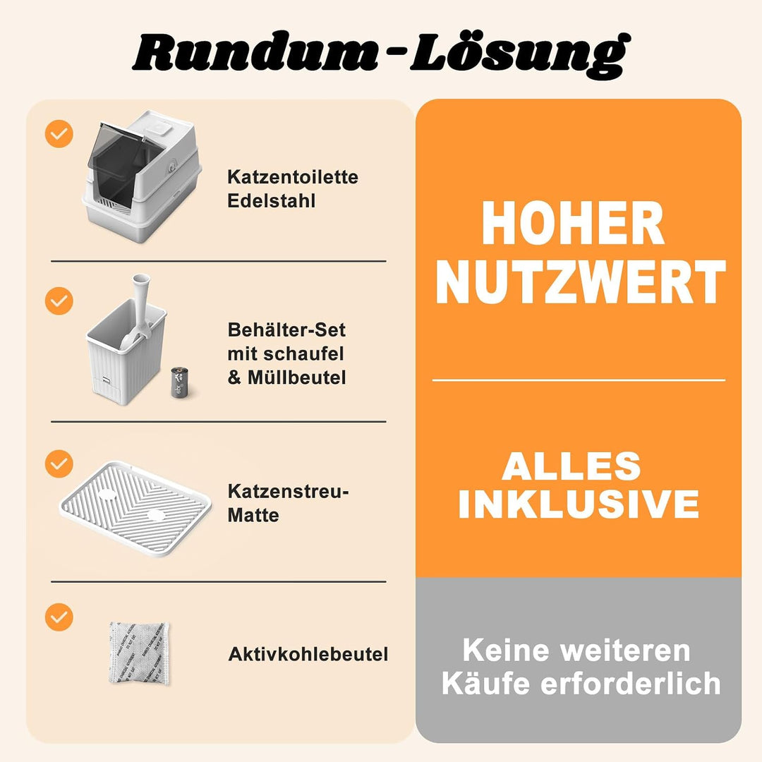 FURTIME Katzenklo Edelstahl, Katzentoilette Edelstahl mit Deckel Grosse XL, Geschlossene Metall Katz