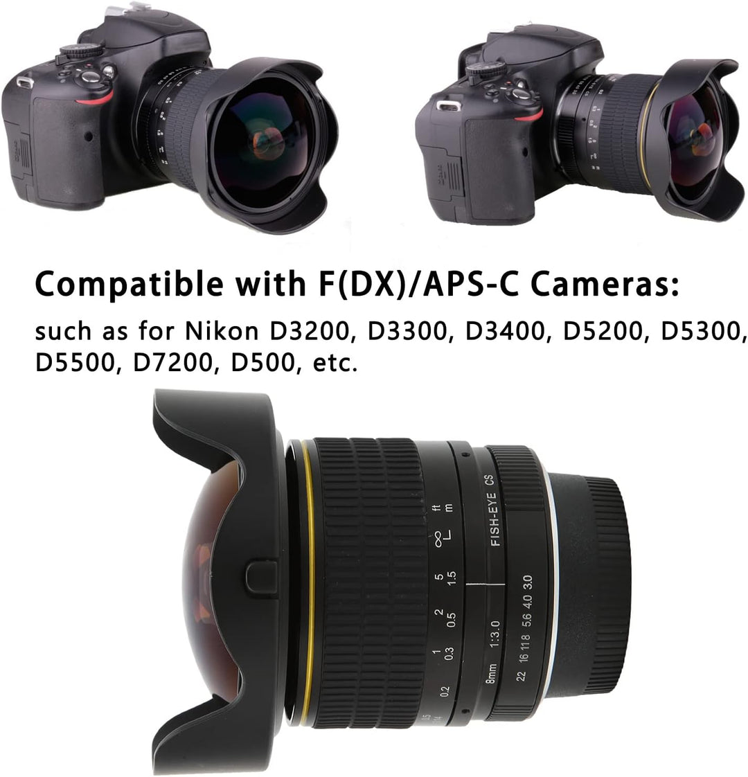 Cuifati 8 Mm F/3.0 Fisheye-Objektiv für Nikon F(DX)/APS-C F-Mount D3200, D3300, D3400, D5200, D5300,
