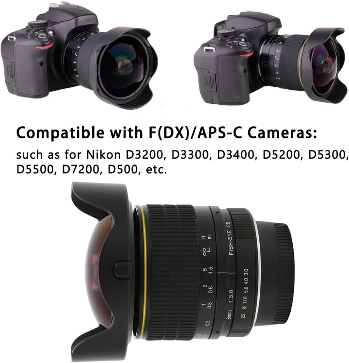 Cuifati 8 Mm F/3.0 Fisheye-Objektiv für Nikon F(DX)/APS-C F-Mount D3200, D3300, D3400, D5200, D5300,
