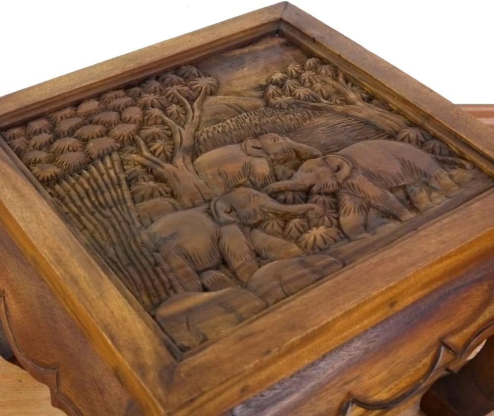 livasia Opiumtisch, Kaffeetisch, Couchtisch, Massivholztisch mit Schnitzerei u. Glasplatte (braun),