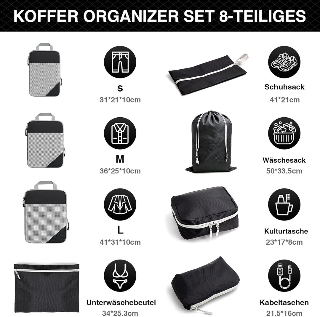 Packing Cubes Compression Koffer Organizer set 8 Stück Packwürfel-Reisezubehörset, Gepäck-Organizer