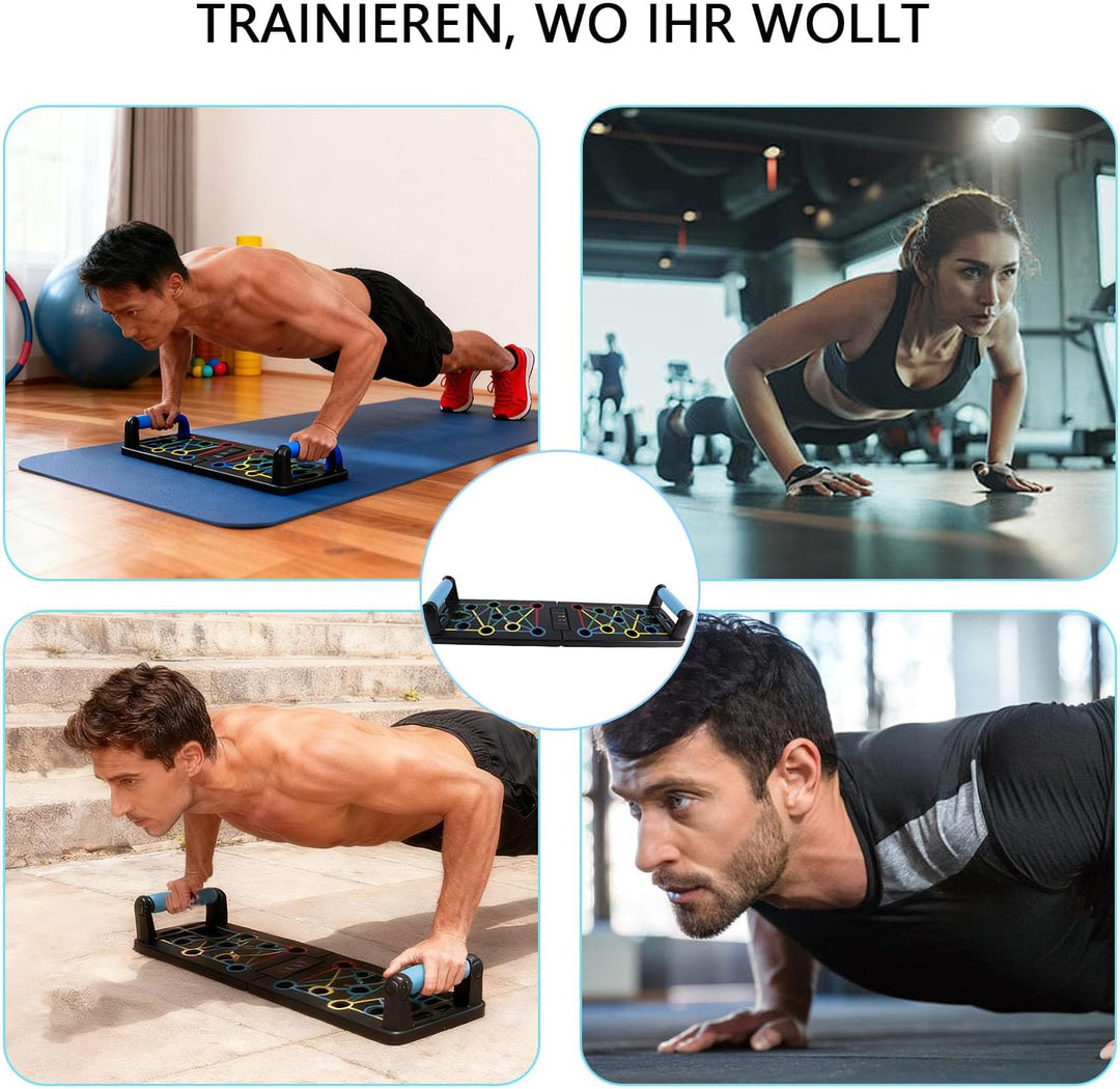 Yunova Push Up Board 63,5 x 18 cm – Liegestützbrett mit Griffen & Widerstandsbändern, faltbar & stab