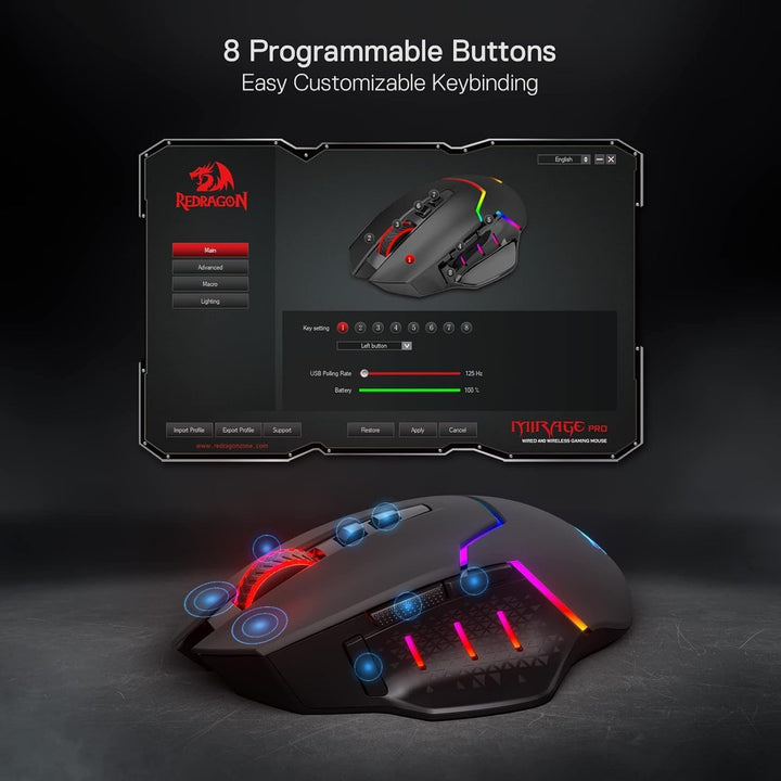 Redragon M690 PRO Kabellose Gaming-Maus, 8000 DPI kabelgebundene/kabellose Gaming-Maus mit Schnellfe
