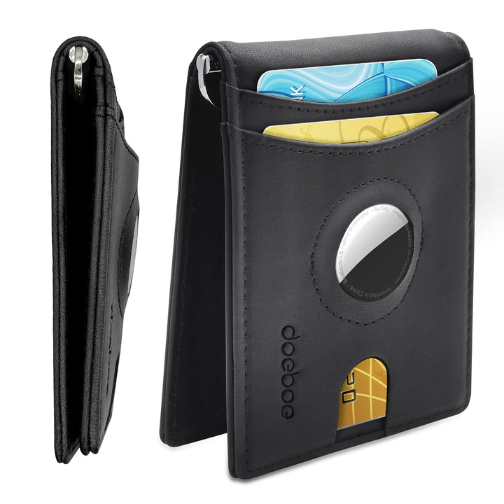 doeboe AirTag Wallet, Echtes Leder Kreditkarte Bifold Wallet mit Geldscheinklammer, Minimalistische