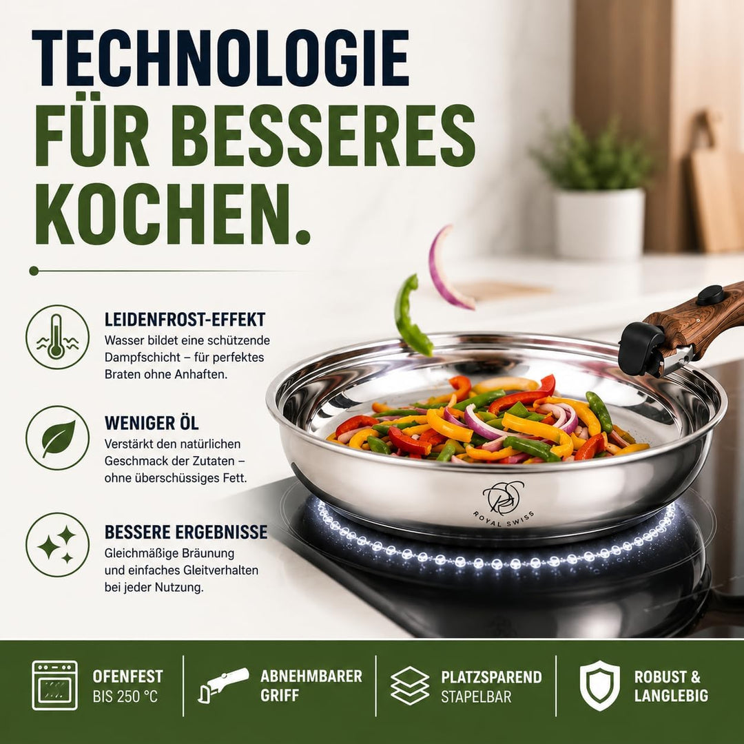 Royal Swiss® Premium Edelstahl Pfannen Set – 3-teilig (24 & 28 cm) mit Abnehmbarem Griff – Induktion
