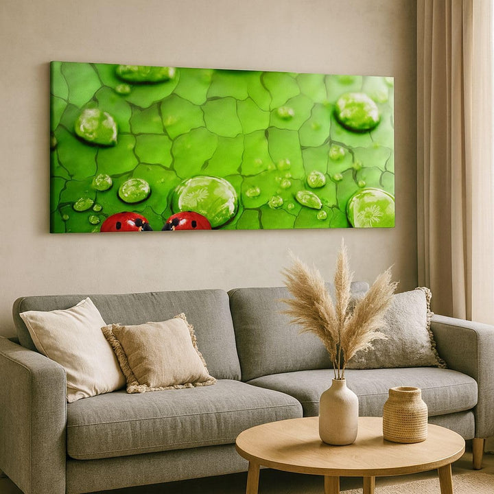 Panorama Bilder auf Leinwand Marienkäfer Gras Blatt Tropfen Leinwandbild 90x30cm Wandbilder Dekorati