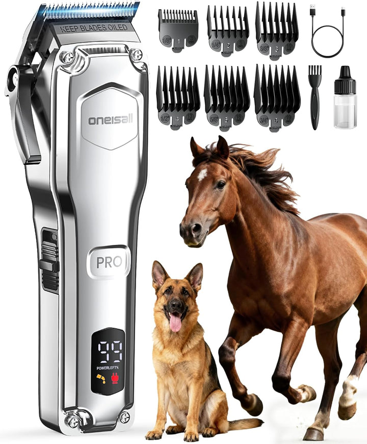 oneisall Kabellose Leise Schermaschine Pferd Hund Langhaar dickes Fell, Hundeschermaschine mit abneh