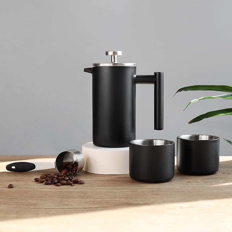 FeRey Tools French Press Kaffeebereiter Set – 350ml French Press mit 150ml Edelstahlbecher – Doppelw