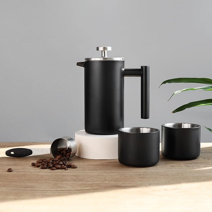 FeRey Tools French Press Kaffeebereiter Set – 350ml French Press mit 150ml Edelstahlbecher – Doppelw