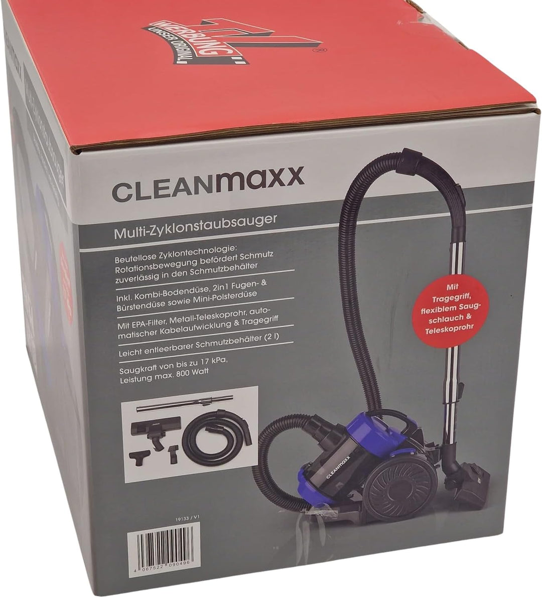 CLEANmaxx Multi-Zyklonstaubsauger 800 W beutellos mit EPA-Filter | 17 kPa Saugkraft | 2 l Staubbehäl