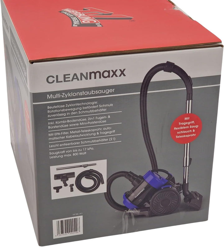 CLEANmaxx Multi-Zyklonstaubsauger 800 W beutellos mit EPA-Filter | 17 kPa Saugkraft | 2 l Staubbehäl