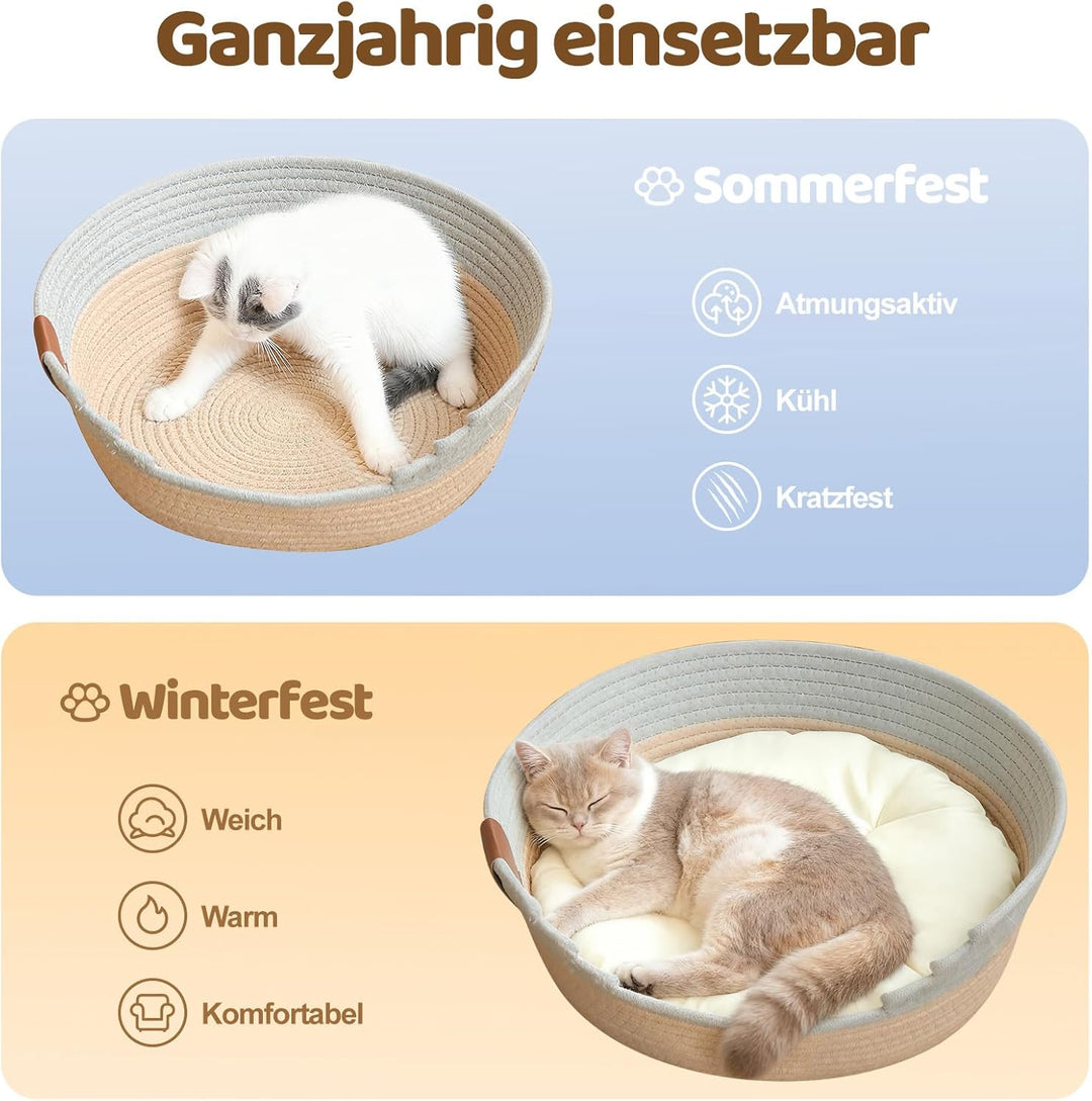 Katzenbett mit Kissen, 47cm Katzenkorb zum Schlafen für Alle Katze, Katzenkörbchen Waschbar aus Baum