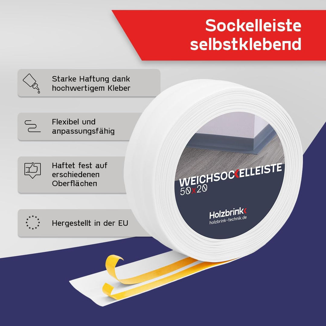 HOLZBRINK Weichsockelleiste selbstklebend WEISS Knickleiste, 50x20mm, 25 Meter 25m Weiss, 25m Weiss