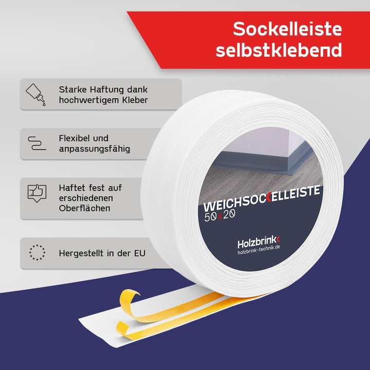 HOLZBRINK Weichsockelleiste selbstklebend WEISS Knickleiste, 50x20mm, 25 Meter 25m Weiss, 25m Weiss