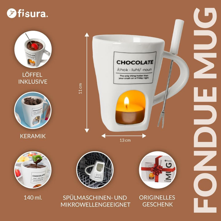 Fisura - Fondue Tasse für Schokolade und Käse, weisse Keramiktasse 140 ml mit Gabel, originelle Gesc