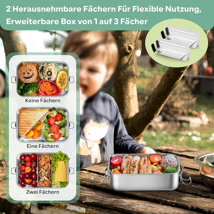 Joyfair Brotdose mit Fächern, 1400ml Edelstahl Bento Box mit 2 Abnehmbar Fächern für Erwachsene & Ki