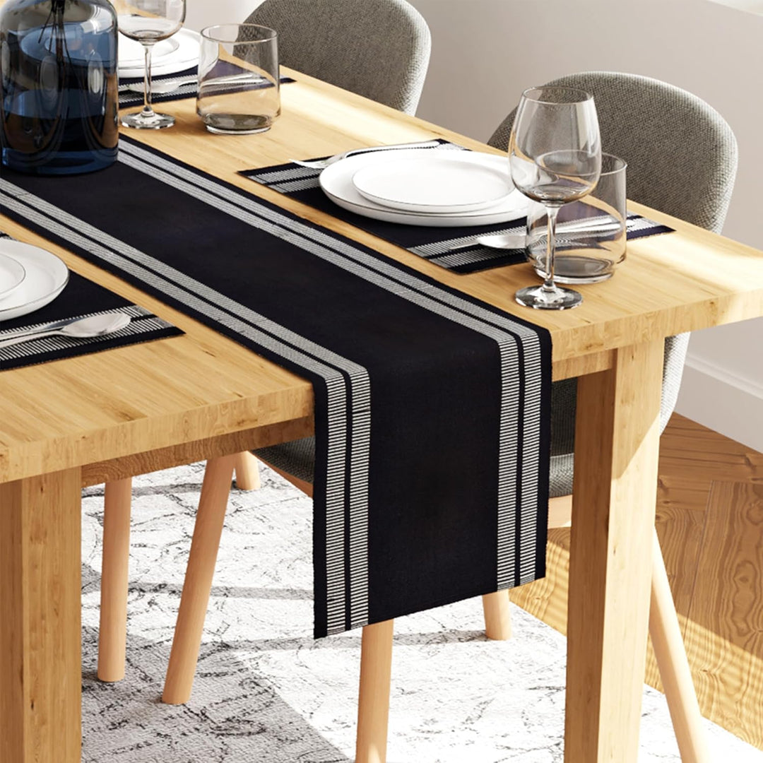 Encasa Homes Esszimmer-Set (4 Tischsets + 1 Tischläufer) | Ladder Black | Fein gerippte Baumwolle |