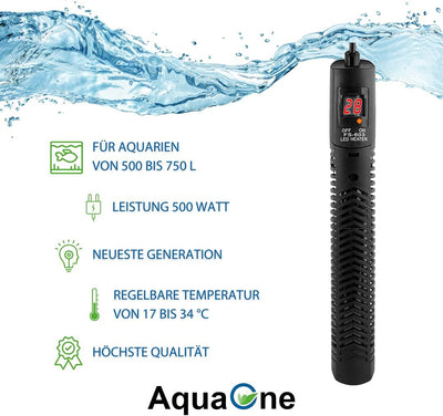 AquaOne Aquarium Heizung 500 Watt Digitaler Heizstab I Heizer für Aquarien bis 750l I Regelheizer fü