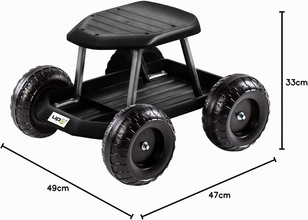 UPP fahrbarer Gartenwagenrollsitz bis 130 kg mit Ablage | Knie- und rückenschonende Sitzgelegenheit