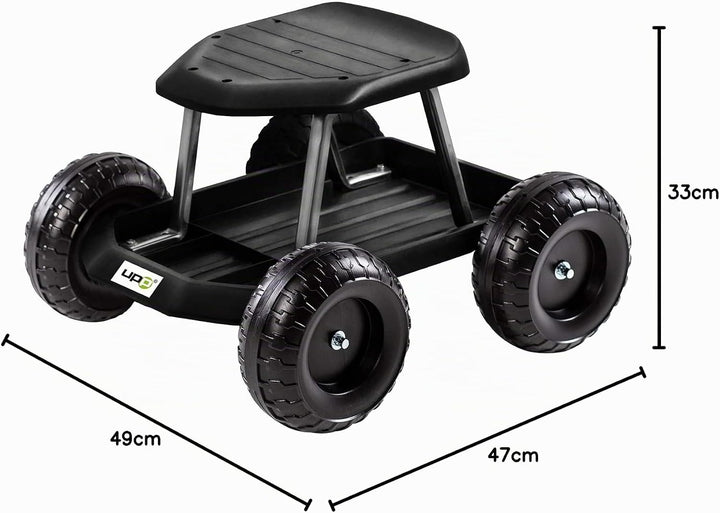 UPP fahrbarer Gartenwagenrollsitz bis 130 kg mit Ablage | Knie- und rückenschonende Sitzgelegenheit