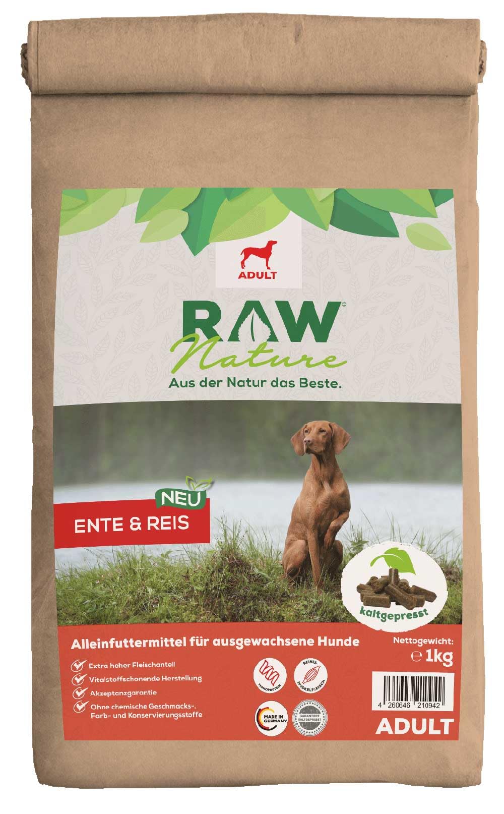 RAW Nature Trockenfutter Adult mit Ente 1kg, kaltgepresstes Hundefutter, Getreidefrei, 100% Muskelfl