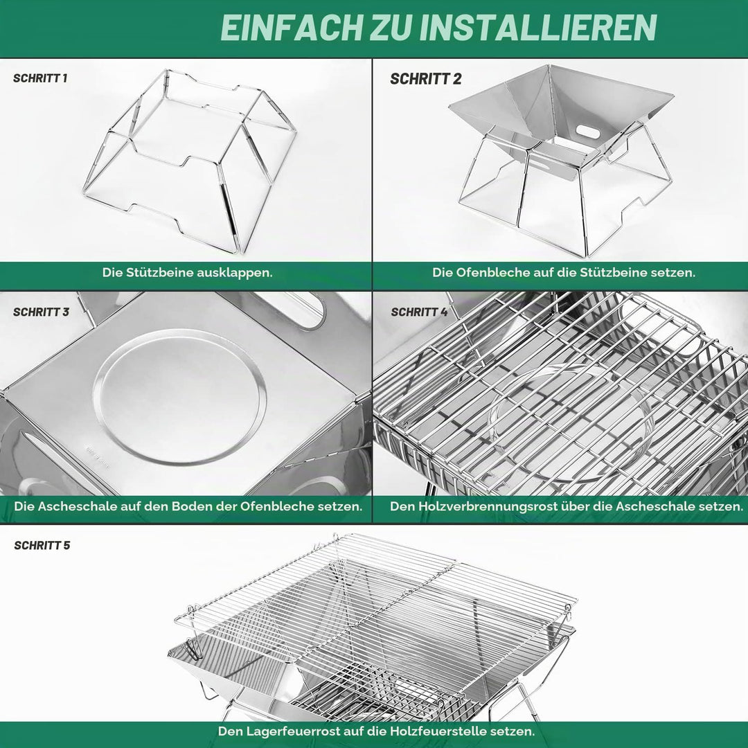 Odoland Faltbarer Lagerfeuer-Grill, Camping-Feuerstelle mit Tragetasche, 304 Edelstahl, Grilltor, ro