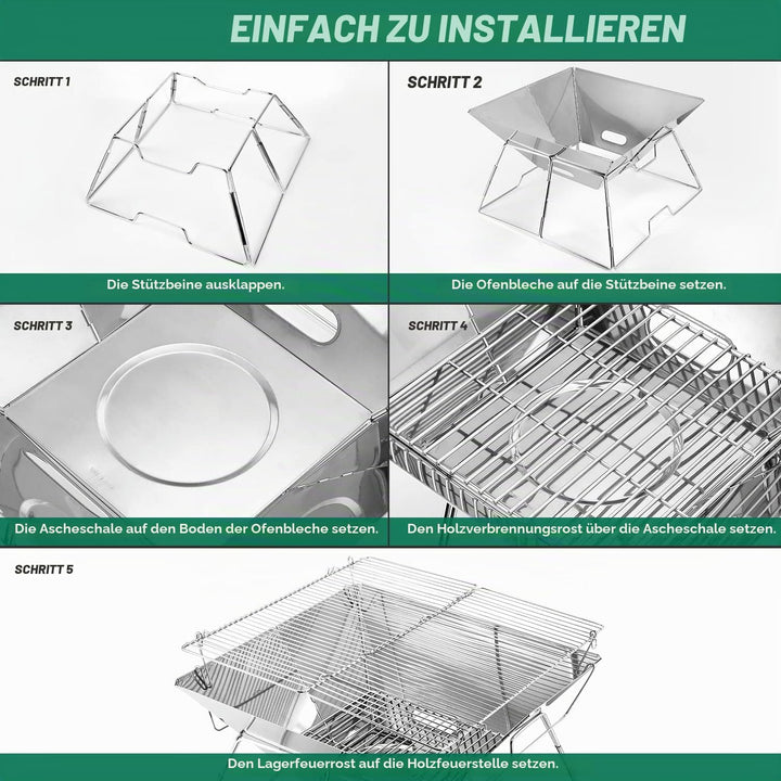 Odoland Faltbarer Lagerfeuer-Grill, Camping-Feuerstelle mit Tragetasche, 304 Edelstahl, Grilltor, ro
