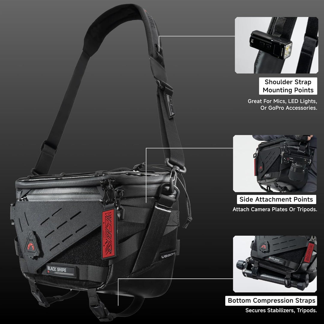 VSGO Black Snipe Pro 7-9L Erweiterbare Kameratasche – Wasserabweisender Techwear-Stoff, Anti-Drehung