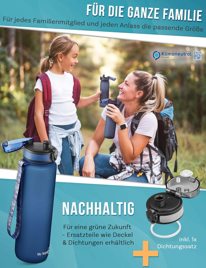 My Vesperbox® Trinkflasche Kinder [1000ML] - Wasserflasche Kohlensäure Geeignet & Auslaufsicher - Wa