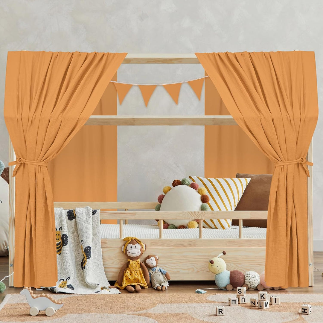 Alishomtll Hausbett Himmel Deko Set, 2 Betthimmel Hausbett aus 100% Baumwolle Musselin, 1 Wimpelkett