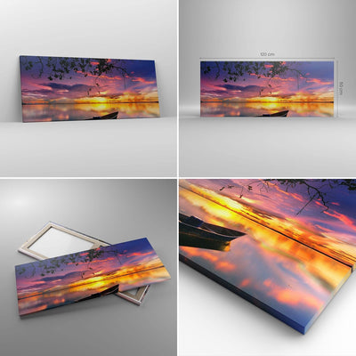 Wandbilder Dekoration Wohnzimmer Boot Sonnenuntergang See Himmel Panorama Bilder auf Leinwand 120x50