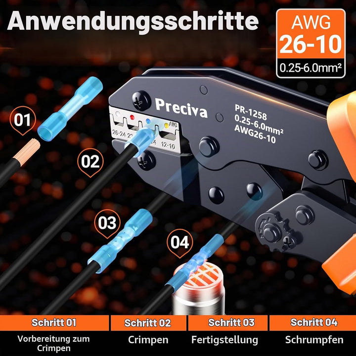 Preciva Crimpzange mit 180 Wärmeschrumpf-Schrumpfverbindern (0,25-6mm²), Quetschverbinder-Crimpzange