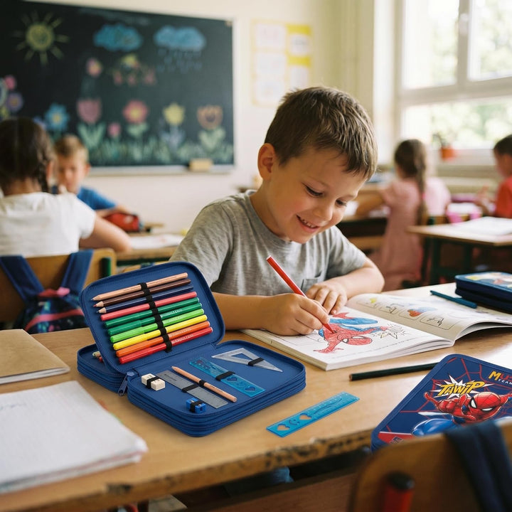 Marvel Federmäppchen für Jungen, Federmäppchen, Fächer, gefüllt, für Schule, Filz, Buntstift, Gesche